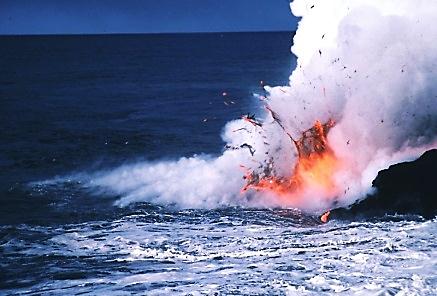 Molten lava gushes through sea water
